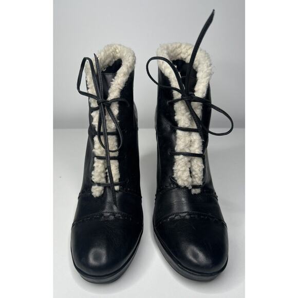 Aerosoles Envision Ankle Bootie Women's 11M Black Leather Faux Fur Trim Lace Up - Picture 2 of 10